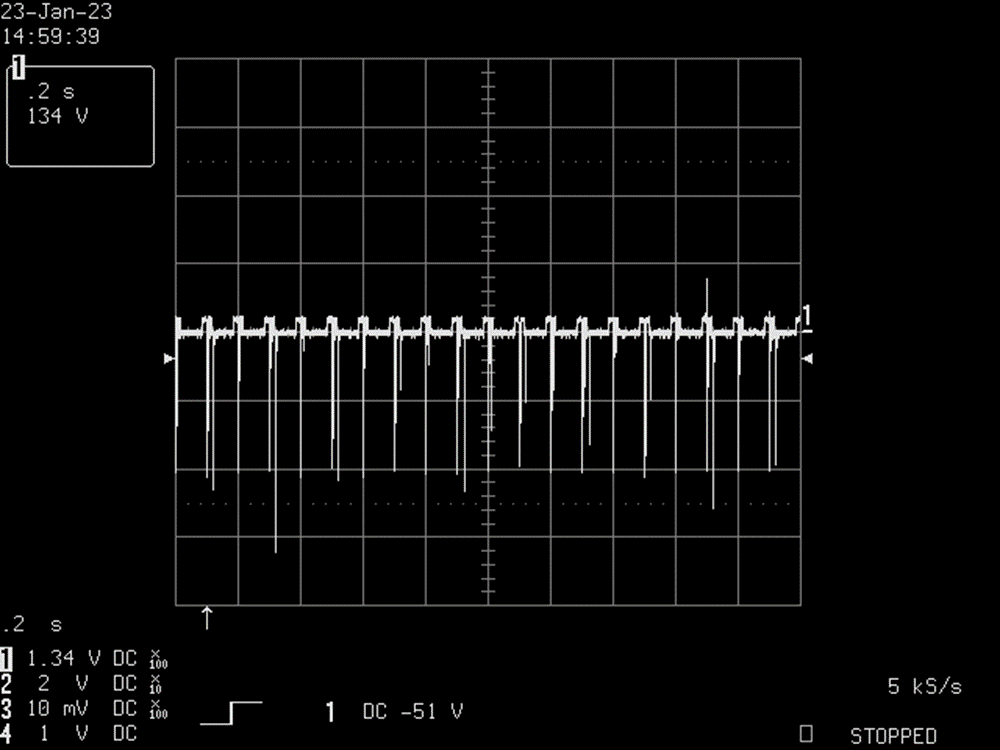 Example of output from the CR 600 when adjusted to yield a pulse repetition rate of eight to ten pulses per second